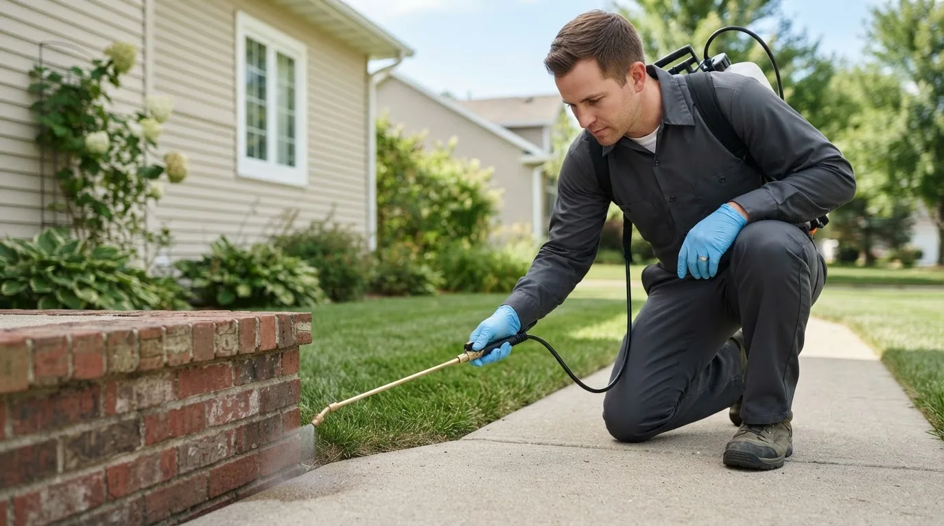 Pest control technician treating a home near Kinta, OK