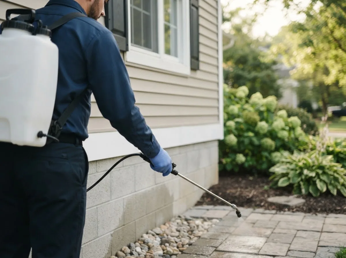 Pest control technician inspecting a home in Kinta, OK